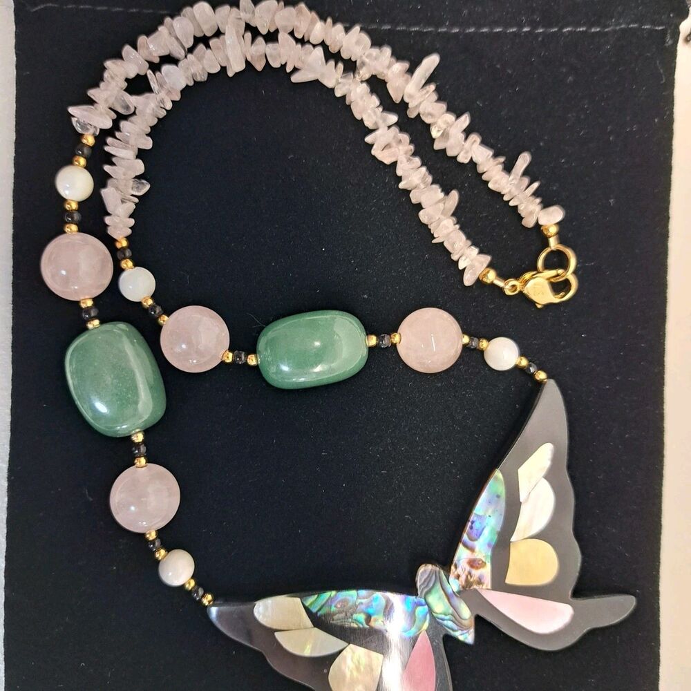 Vintage Lee Sands Abalone Inlay Butterfly Necklace Rose Quarts Jade Bead 18" - Picture 4 of 5